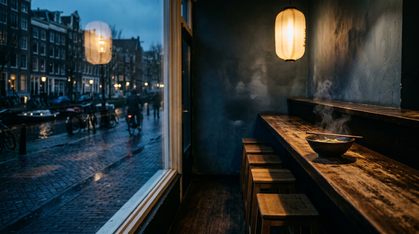 De toog van O-Cha bij avond, met uitzicht op de gracht
